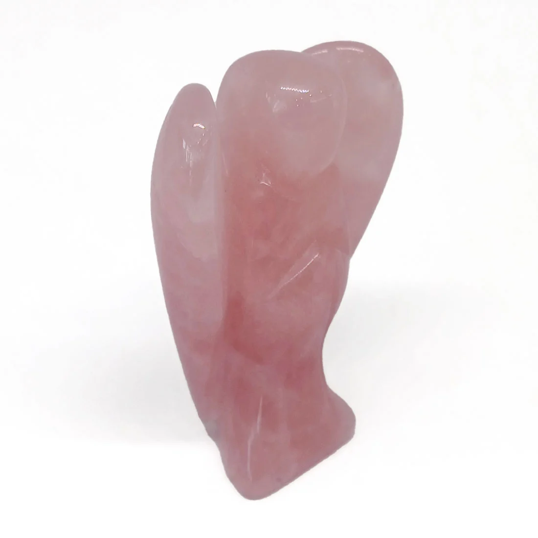 Carved Rose Quartz Angel figurine with polished surface and soft pink tones.