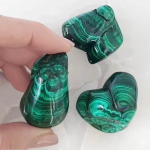 Polished malachite with rich green banding. A copper carbonate crystal