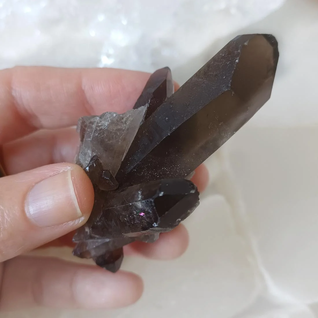 Smoky Quartz Point with natural smoky brown to grey tones. A quartz crystal associated with grounding, stability, protection and the Root Chakra.