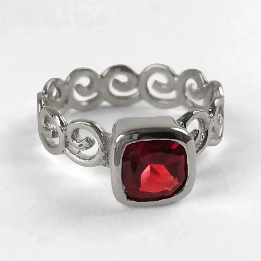 Garnet Ring Spiral Band Size 12 - 925 Sterling Silver