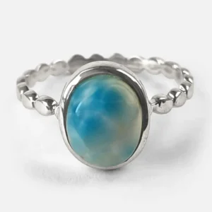 Larimar crystal ring, size 18, in 925 sterling silver with a plain bezel and rope-textured band