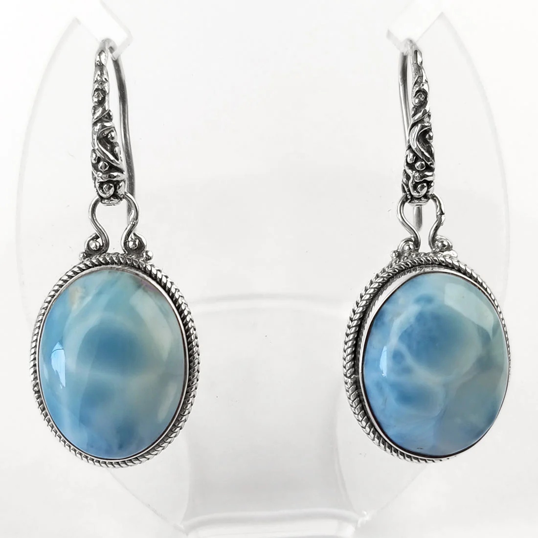 larimar earrings in sterling silver with decorative design