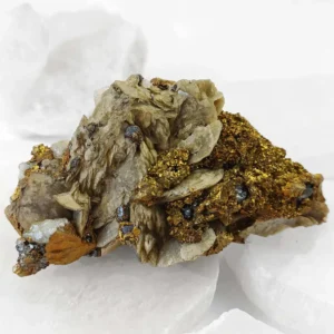 Chalcopyrite with siderite and calcite crystal cluster from China.