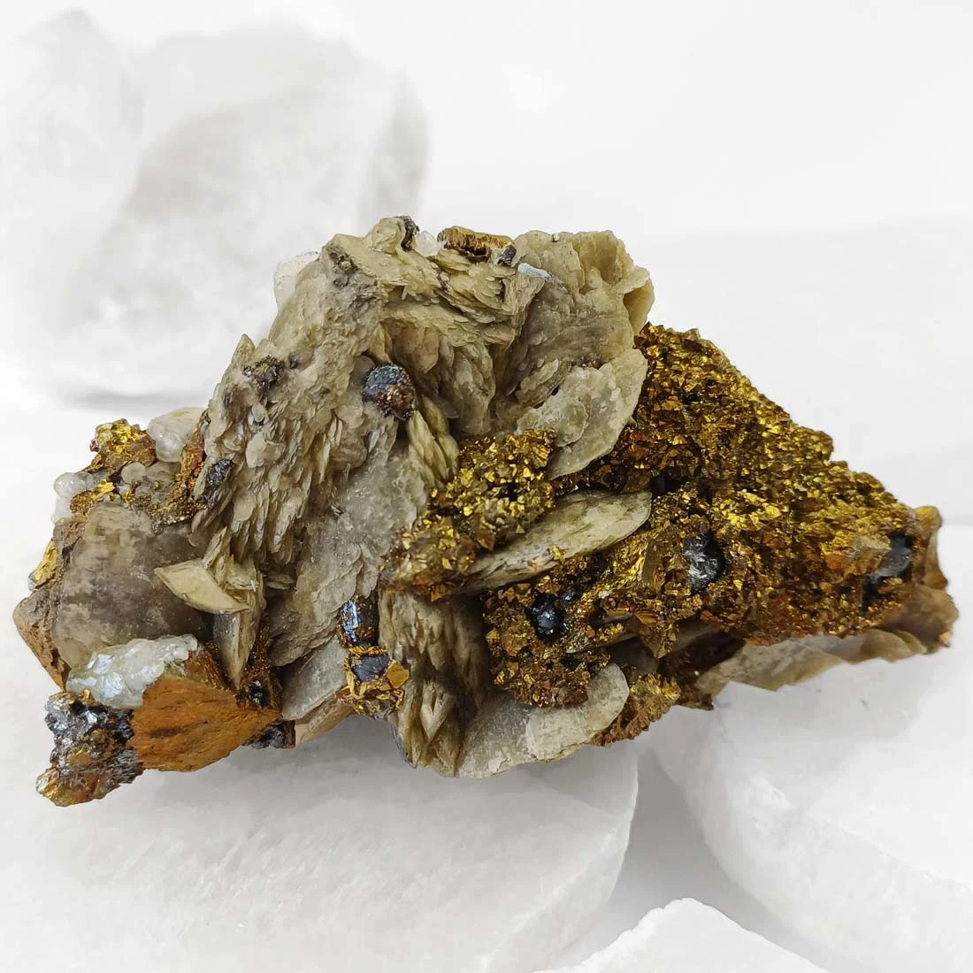 Chalcopyrite with siderite and calcite crystal cluster from China.