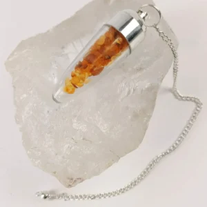 Pendulum bottle with carnelian chips and silver-tone chain