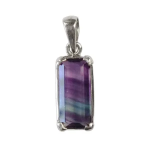 Rectangular Rainbow Fluorite pendant in 925 sterling silver, showing natural purple, green, and blue layers, linked with chakra balance and clarity.