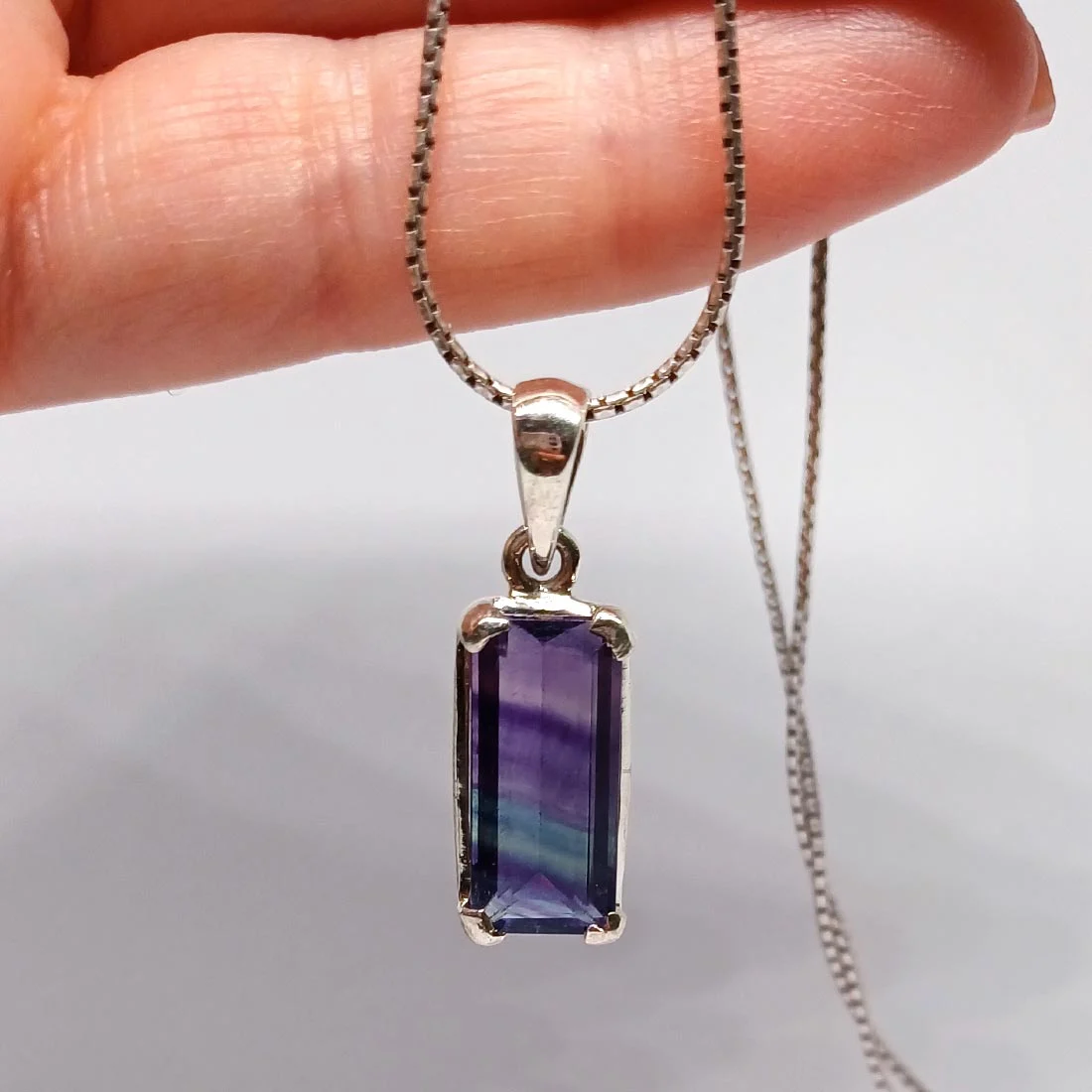 Rainbow Fluorite rectangular crystal pendant in 925 sterling silver.