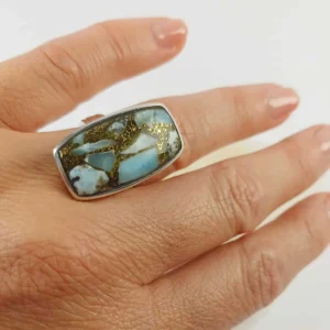 Larimar and copper oblong ring - 925 sterling silver
