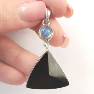 moonstone obsidian triangle pendant - 925 sterling silver