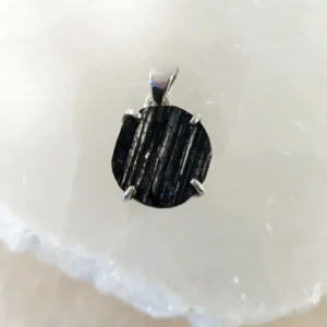 Black Tourmaline crystal round pendant in 925 sterling silver