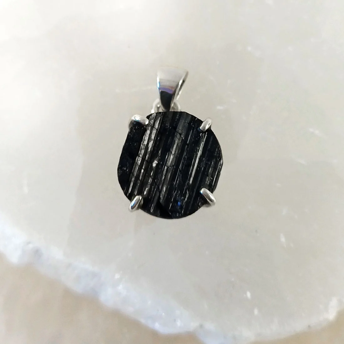 Black Tourmaline crystal round pendant in 925 sterling silver