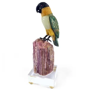 Parrot Carving on Pink Tourmaline Base by Peter Müller — Made in Brazil
