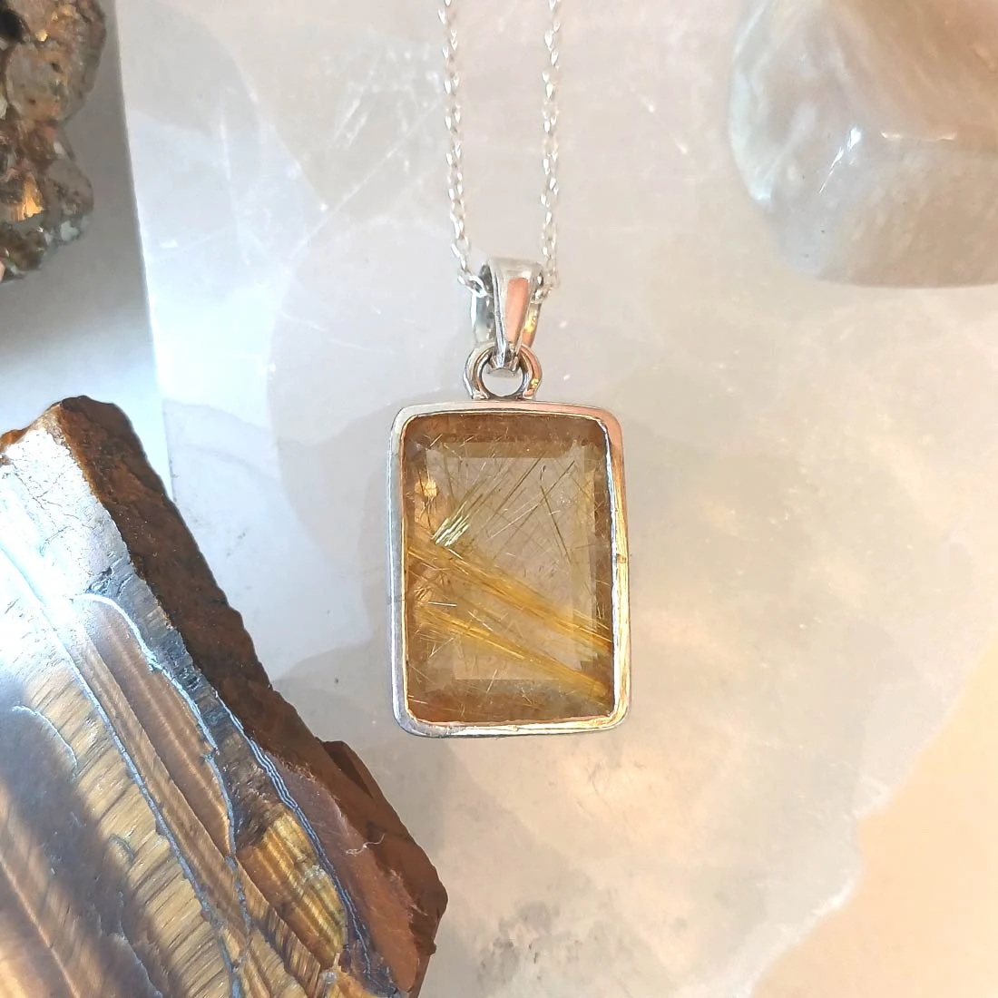 Rutilated quartz rectangle pendant