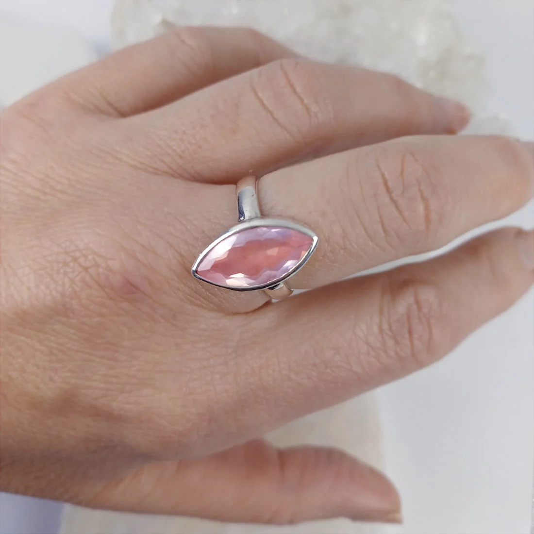 Rose Quartz Eye Shaped Ring – 925 Sterling Silver