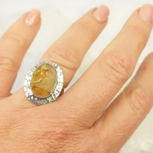 Citrine Oval Ring - Textured Frame- 925 Sterling Silver