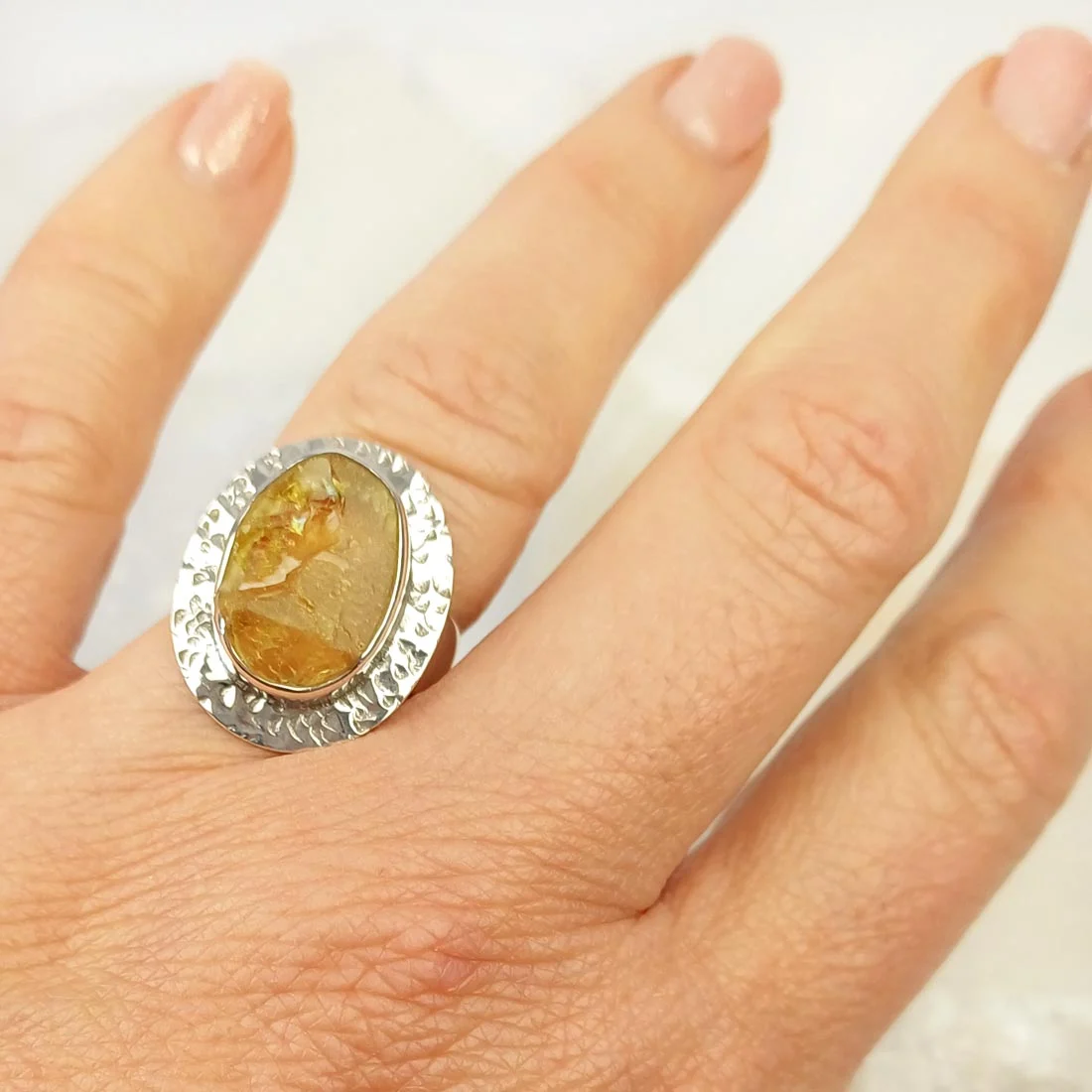 Citrine Oval Ring - Textured Frame- 925 Sterling Silver
