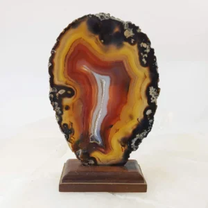 agate slice rock on a removable wooden base.