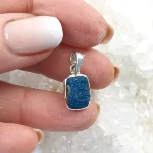 Rectangular natural Cavansite pendant set in 925 sterling silver with deep blue crystal texture.