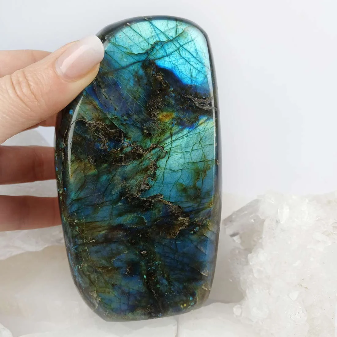 Polished labradorite rock displaying natural labradorescence under soft light.