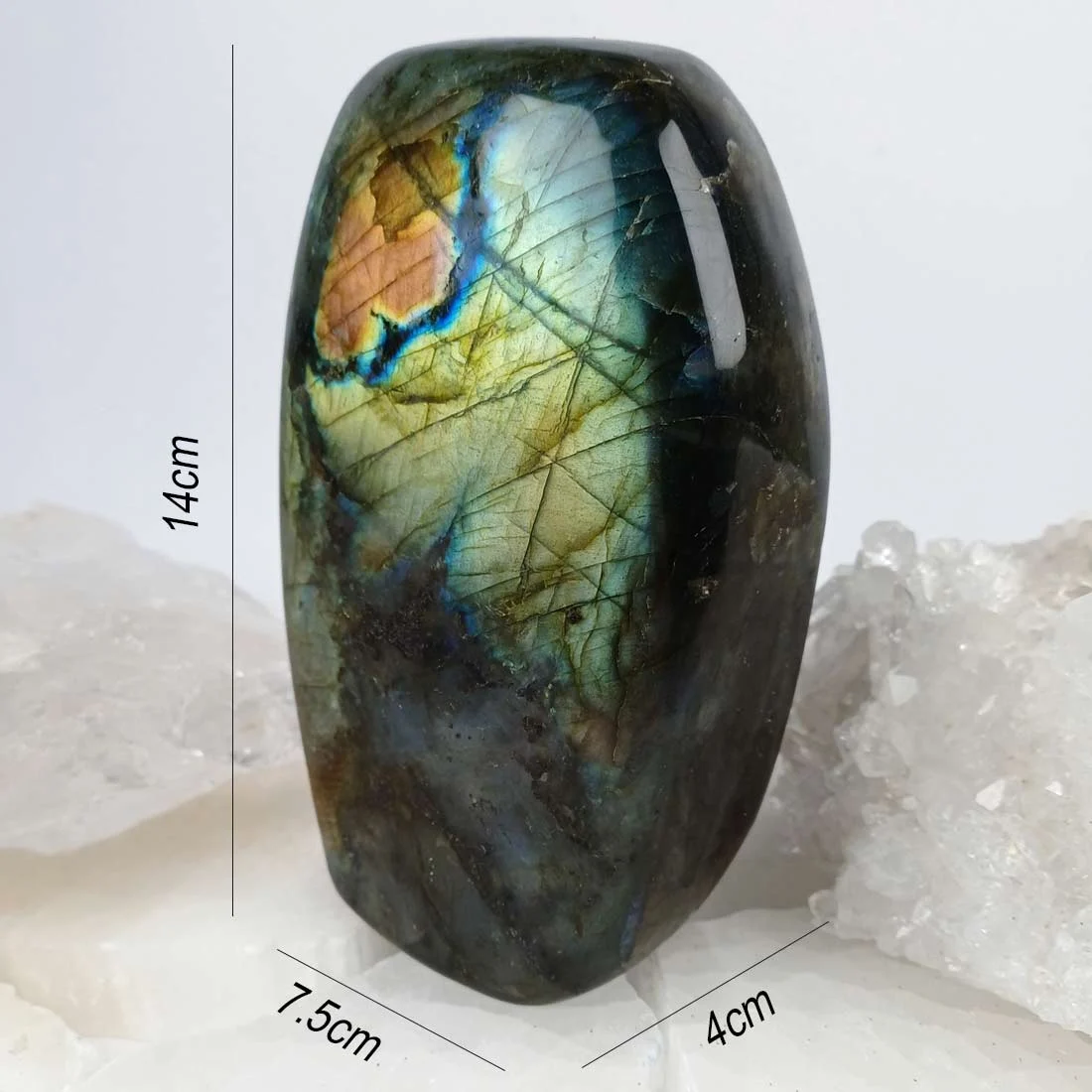 Polished labradorite stone showing blue and green labradorescence on a grey feldspar surface