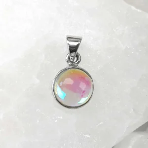 Circular Opal Glass pendant set in 925 sterling silver with soft, milky light reflection.