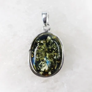 Oval green-toned amber pendant set in 925 sterling silver, showing soft green hues and natural internal inclusions.