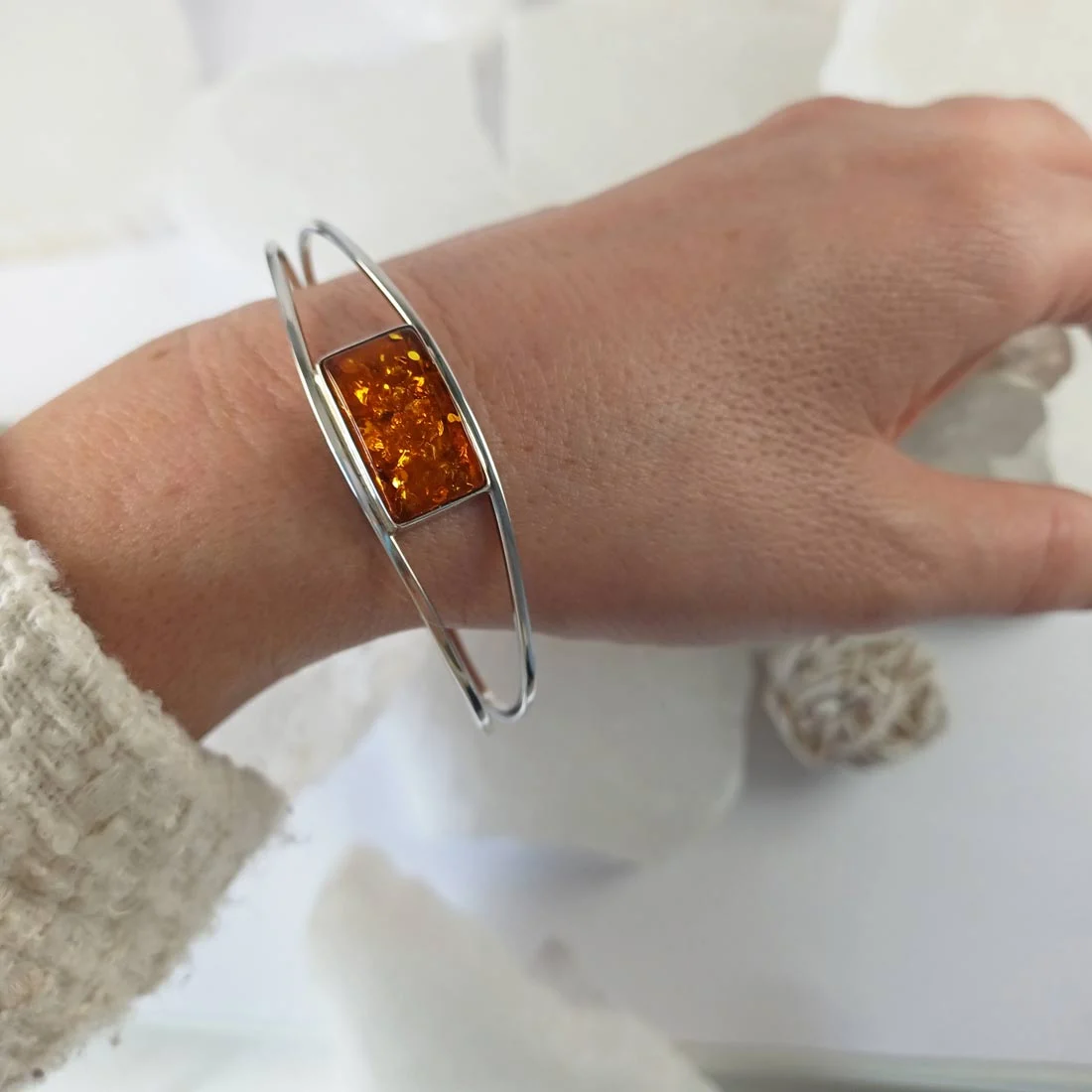 Amber rectangle cuff bracelet in 925 sterling silver with natural Baltic amber resin