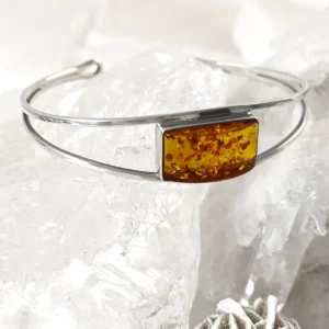 Amber rectangle cuff bracelet in 925 sterling silver with natural Baltic amber resin