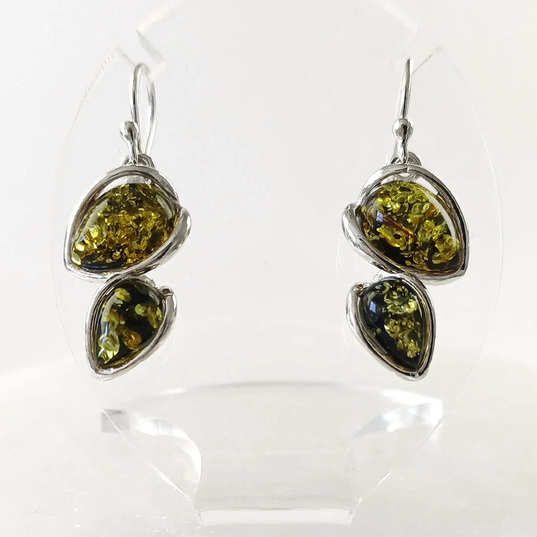 Amber green tone earrings with 925 sterling silver hooks