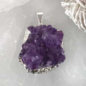 Natural Amethyst druzy crystal pendant with silver-plated setting