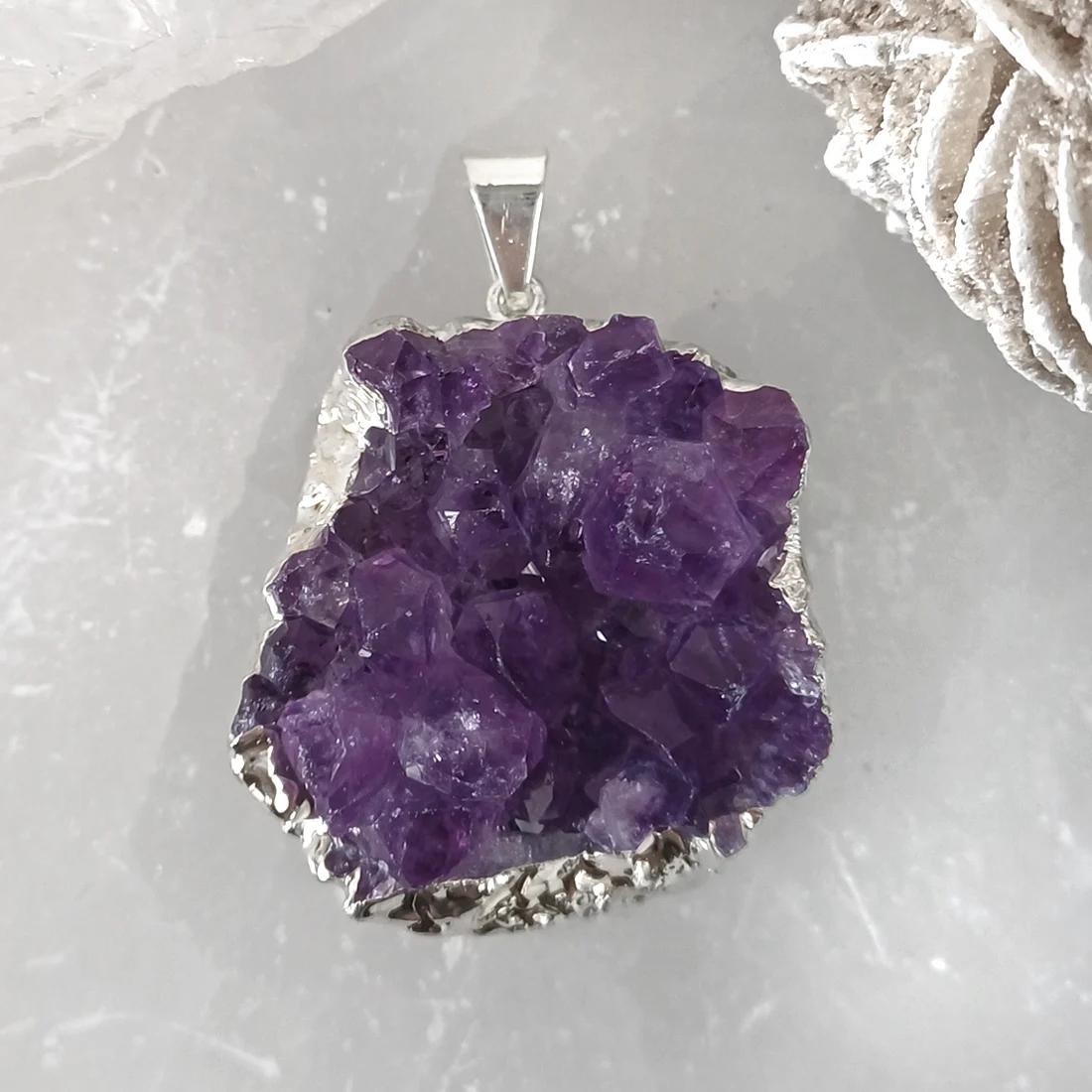 Natural Amethyst druzy crystal pendant with silver-plated setting
