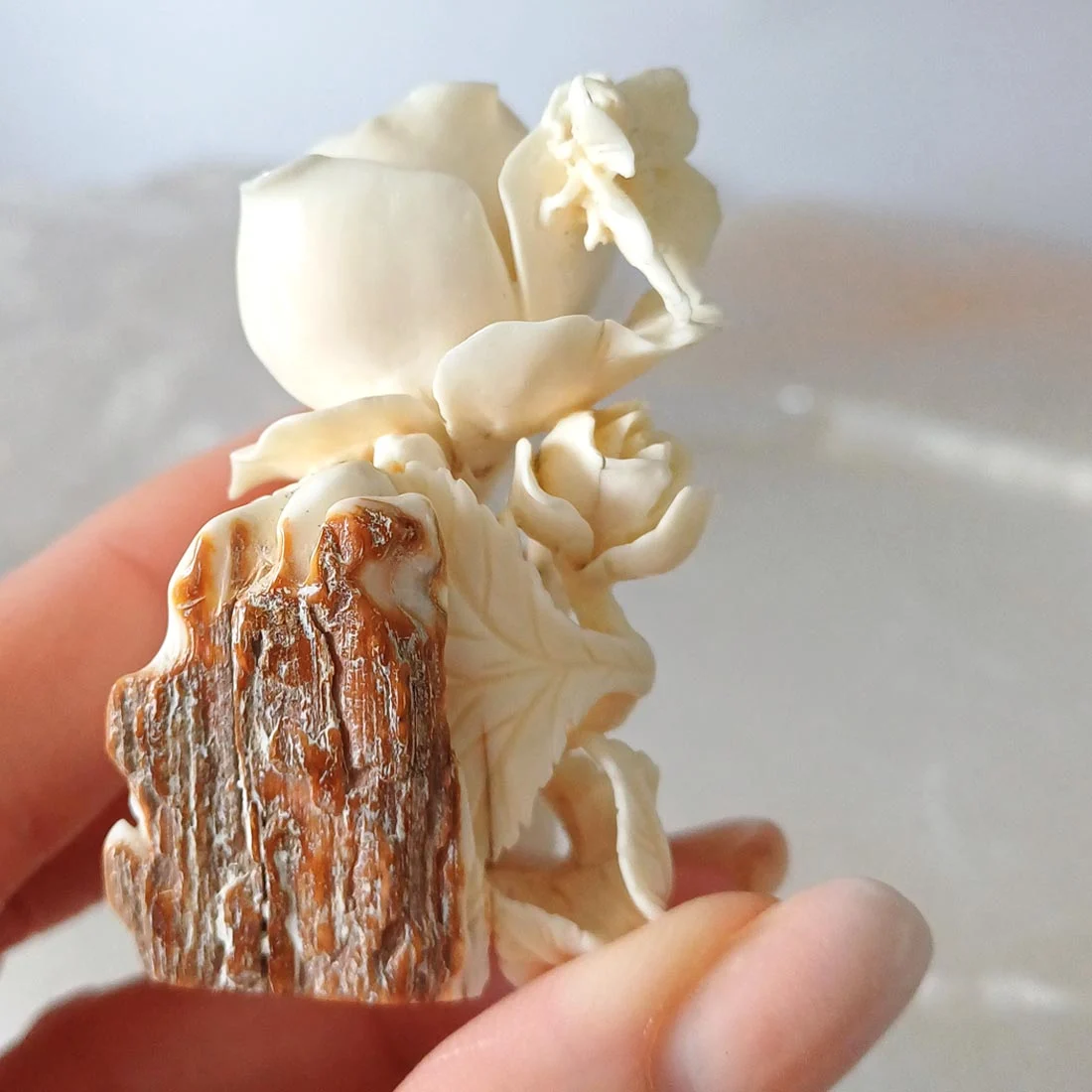 Mammoth Ivory Carving - Roses and Butterfly - Image 2
