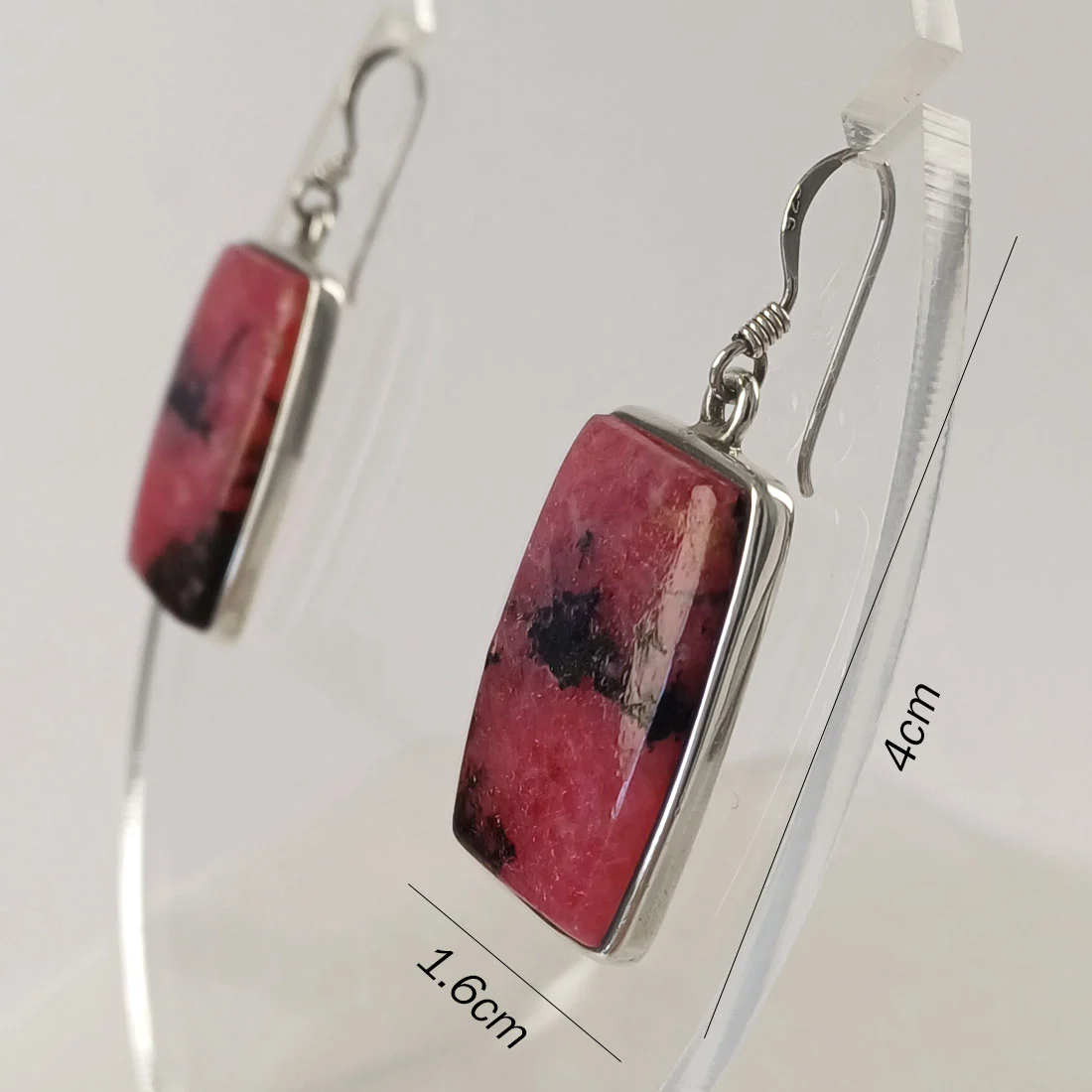 Rectangular Rhodonite earrings set in 925 sterling silver, natural pink and black crystal