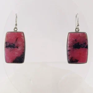 Rectangular Rhodonite earrings set in 925 sterling silver, natural pink and black crystal