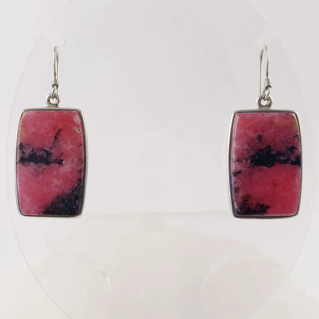 Rectangular Rhodonite earrings set in 925 sterling silver, natural pink and black crystal