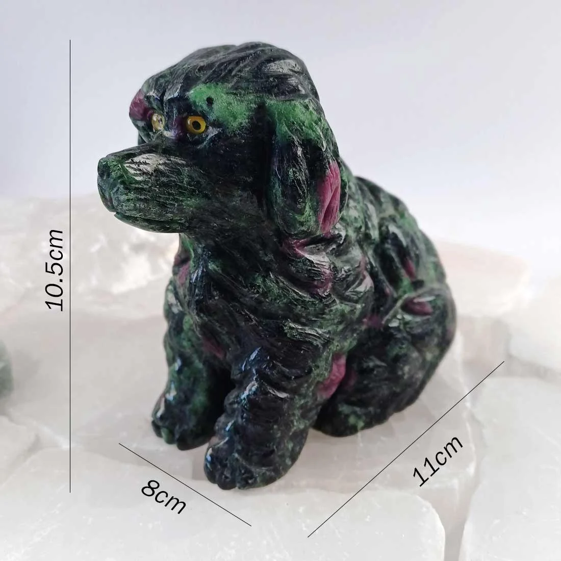 Ruby in Zoisite dog carving with natural ruby inclusions in green zoisite.