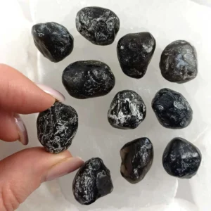 Natural Obsidian nodules with deep black volcanic glass surface and organic shapes, grounding crystal associated with protection and stability.