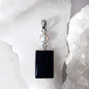 Black onyx rectangular pendant with round pearl set in 925 sterling silver