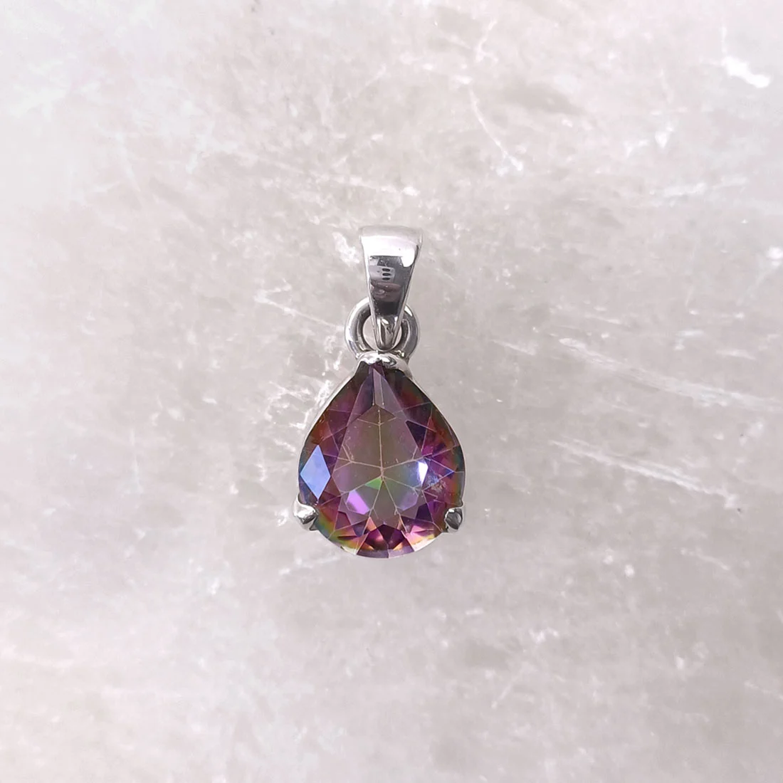 Mystic topaz drop pendant with iridescent surface set in 925 sterling silver