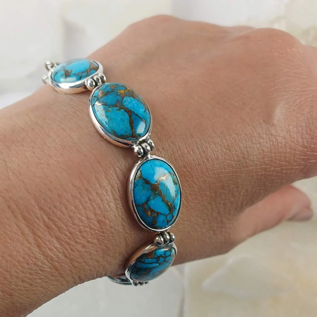 Turquoise with copper oval stone bracelet set in 925 sterling silver with adjustable chain