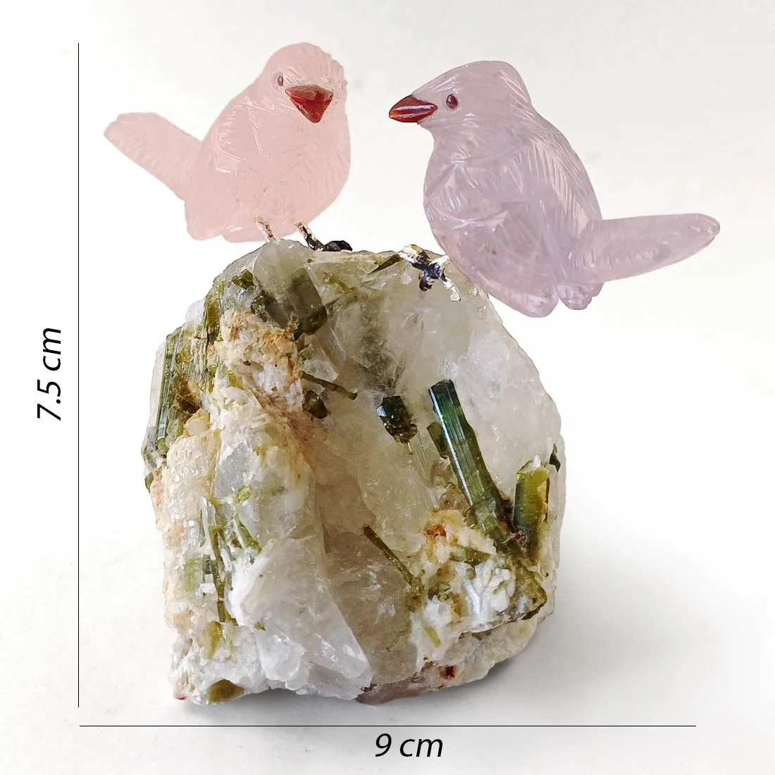 rose quartz bird, amethyst bird carving, green tourmaline matrix, peter muller crystals, quartz mineral specimen, heart chakra crystal, crown chakra stone, crystal carving birds, mineral display piece, tourmaline quartz