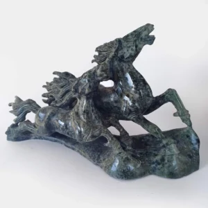 Natural Lushan Jade horse carving featuring two horses carved from polished green jade stone.