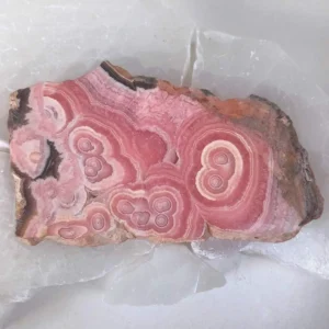 Polished Rhodochrosite crystal slice with natural pink, rose, and cream banding and visible layered formations.