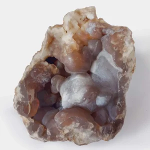 Natural chalcedony botryoidal geode with rounded grey and brown crystal formations and druzy texture