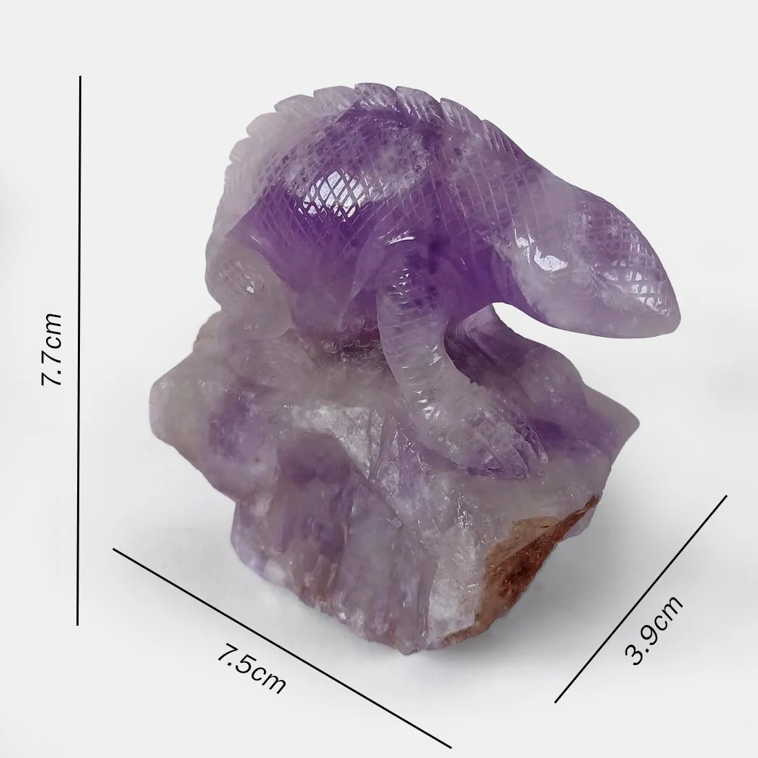 Hand-carved Amethyst Iguana carving symbolizing patience, adaptability, and balance. Natural amethyst crystal with unique purple tones.
