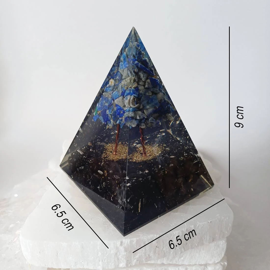 Handcrafted orgonite pyramid with Tree of Life made from natural Lapis Lazuli crystal chips