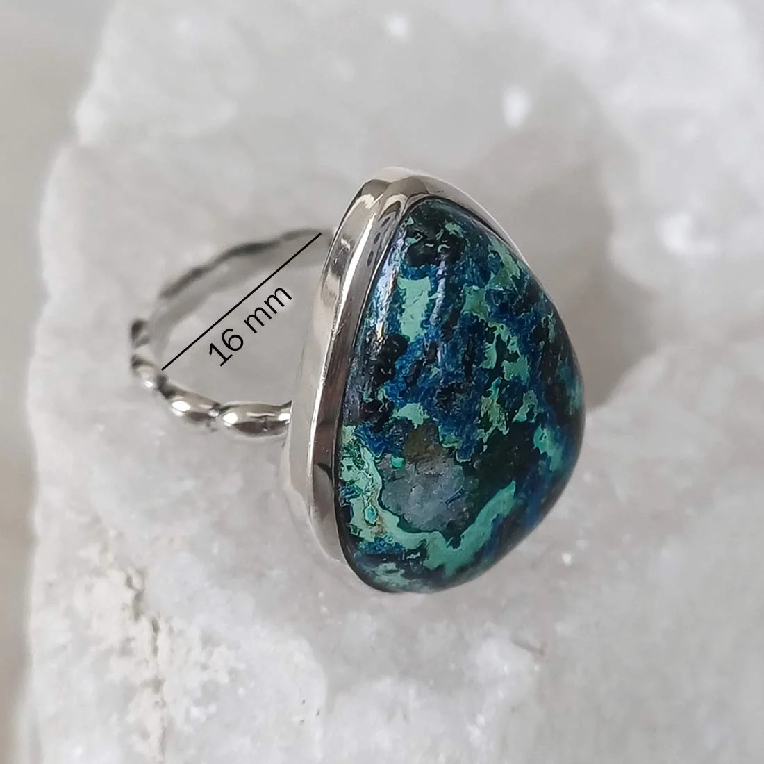 Chrysocolla statement drop shape ring with natural blue-green stone in 925 sterling silver