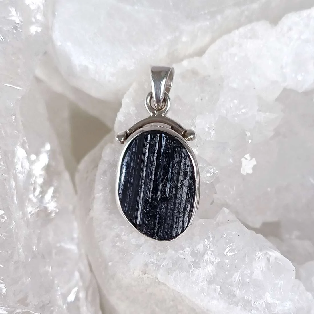Black tourmaline irregular oval pendant - 925 sterling silver
