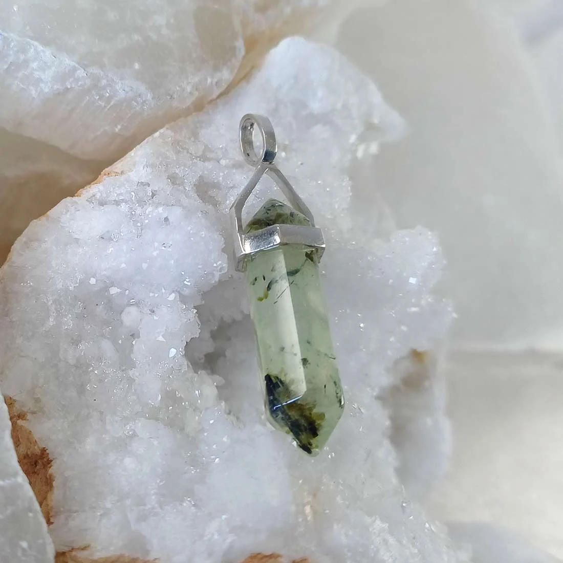 Prehnite with Epidote double point pendant in 925 sterling silver.